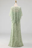 Dusty Sage Floral Spaghetti Straps Long Wedding Guest Dress with Cape