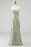 Dusty Sage Floral Spaghetti Straps Long Wedding Guest Dress with Cape