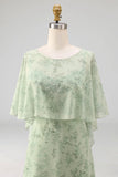 Dusty Sage Floral Spaghetti Straps Long Wedding Guest Dress with Cape
