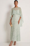 Dusty Sage Floral Spaghetti Straps Long Wedding Guest Dress with Cape