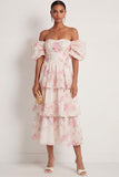 White Pink Floral Tiered Ruffled A Line Maxi Wedding Guest Dress