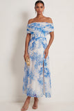 White Blue Floral A Line Off the Shoulder Long Wedding Guest Dress With Slit