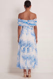 White Blue Floral A Line Off the Shoulder Long Wedding Guest Dress With Slit
