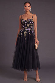 Black Floral Spaghetti Straps Appliqued A Line Maxi Wedding Guest Dress