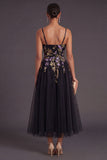 Black Floral Spaghetti Straps Appliqued A Line Maxi Wedding Guest Dress