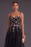 Black Floral Spaghetti Straps Appliqued A Line Maxi Wedding Guest Dress