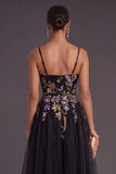Black Floral Spaghetti Straps Appliqued A Line Maxi Wedding Guest Dress
