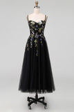Black Floral Spaghetti Straps Appliqued A Line Maxi Wedding Guest Dress