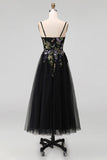 Black Floral Spaghetti Straps Appliqued A Line Maxi Wedding Guest Dress