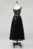 Black Floral Spaghetti Straps Appliqued A Line Maxi Wedding Guest Dress