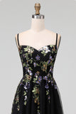 Black Floral Spaghetti Straps Appliqued A Line Maxi Wedding Guest Dress