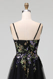 Black Floral Spaghetti Straps Appliqued A Line Maxi Wedding Guest Dress