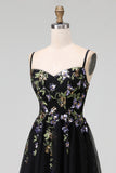 Black Floral Spaghetti Straps Appliqued A Line Maxi Wedding Guest Dress
