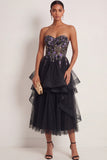 Black Floral Corset Ruffled Appliqued Long Wedding Guest Dress