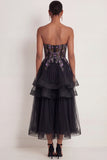 Black Floral Corset Ruffled Appliqued Long Wedding Guest Dress