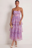 Purple Floral A Line Tiered Long Wedding Guest Dress
