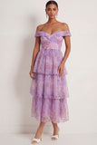 Purple Floral A Line Tiered Ruffled Off the Shoulder Long Wedding Guest Dress