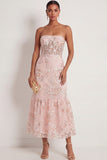 Pink Floral Mermaid Corset Appliqued Maxi Wedding Guest Dress