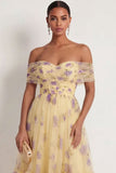 Yellow Floral Off the Shoulder A Line Maxi Wedding Guest Dress