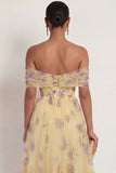 Yellow Floral Off the Shoulder A Line Maxi Wedding Guest Dress