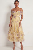 Yellow Floral Off the Shoulder A Line Maxi Wedding Guest Dress