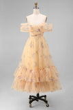 Yellow Floral Off the Shoulder A Line Maxi Wedding Guest Dress