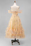 Yellow Floral Off the Shoulder A Line Maxi Wedding Guest Dress