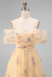 Yellow Floral Off the Shoulder A Line Maxi Wedding Guest Dress
