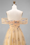 Yellow Floral Off the Shoulder A Line Maxi Wedding Guest Dress