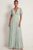 Dusty Sage V Neck A Line Floral Chiffon Long Wedding Guest Dress