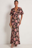 Black Pink Floral Mermaid V Neck Maxi Wedding Guest Dress with Sleeves