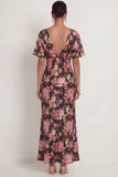 Black Pink Floral Mermaid V Neck Maxi Wedding Guest Dress with Sleeves