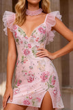 Sparkly Pink V Neck Floral A Line Ruffled Short Prom Dress with Bow