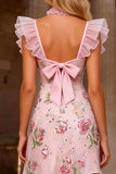Sparkly Pink V Neck Floral A Line Ruffled Short Prom Dress with Bow