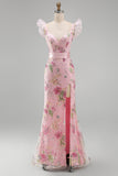 Sparkly Pink Floral V Neck Sheath Long Ruffled Prom Dress with Slit