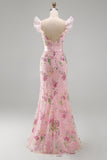 Sparkly Pink Floral V Neck Sheath Long Ruffled Prom Dress with Slit