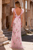 Sparkly Pink Floral V Neck Sheath Long Ruffled Prom Dress with Slit