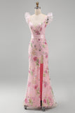 Sparkly Pink Floral V Neck Sheath Long Ruffled Prom Dress with Slit