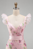Sparkly Pink Floral V Neck Sheath Long Ruffled Prom Dress with Slit