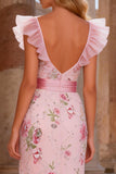Sparkly Pink Floral V Neck Sheath Long Ruffled Prom Dress with Slit