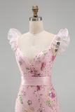 Sparkly Pink Floral V Neck Sheath Long Ruffled Prom Dress with Slit