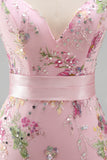Sparkly Pink Floral V Neck Sheath Long Ruffled Prom Dress with Slit