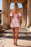 Sparkly Pink Floral Sequin A Line Short Prom Dress with Belt