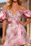 Sparkly Pink Floral Sequin A Line Short Prom Dress with Belt