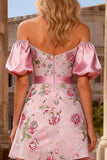 Sparkly Pink Floral Sequin A Line Short Prom Dress with Belt