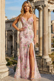 Sparkly Pink Floral Sequin Maxi Prom Dress with Embroidery