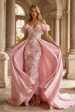 Sparkly Pink Floral Sequin Mermaid Ruffled Maxi Prom Dress with Cape