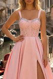 Sparkly Pink A Line Thick Straps Beaded Long Corset Prom Dress with Slit