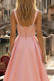 Sparkly Pink A Line Thick Straps Beaded Long Corset Prom Dress with Slit