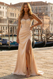 Sparkly Champagne Strapless Satin Long Corset Beaded Prom Dress with Slit